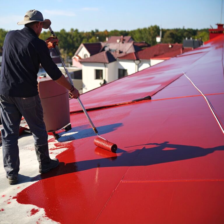 Firefly_generame una imagen de un bombre pintando el techo con impermeabilizante con un rodil 131899